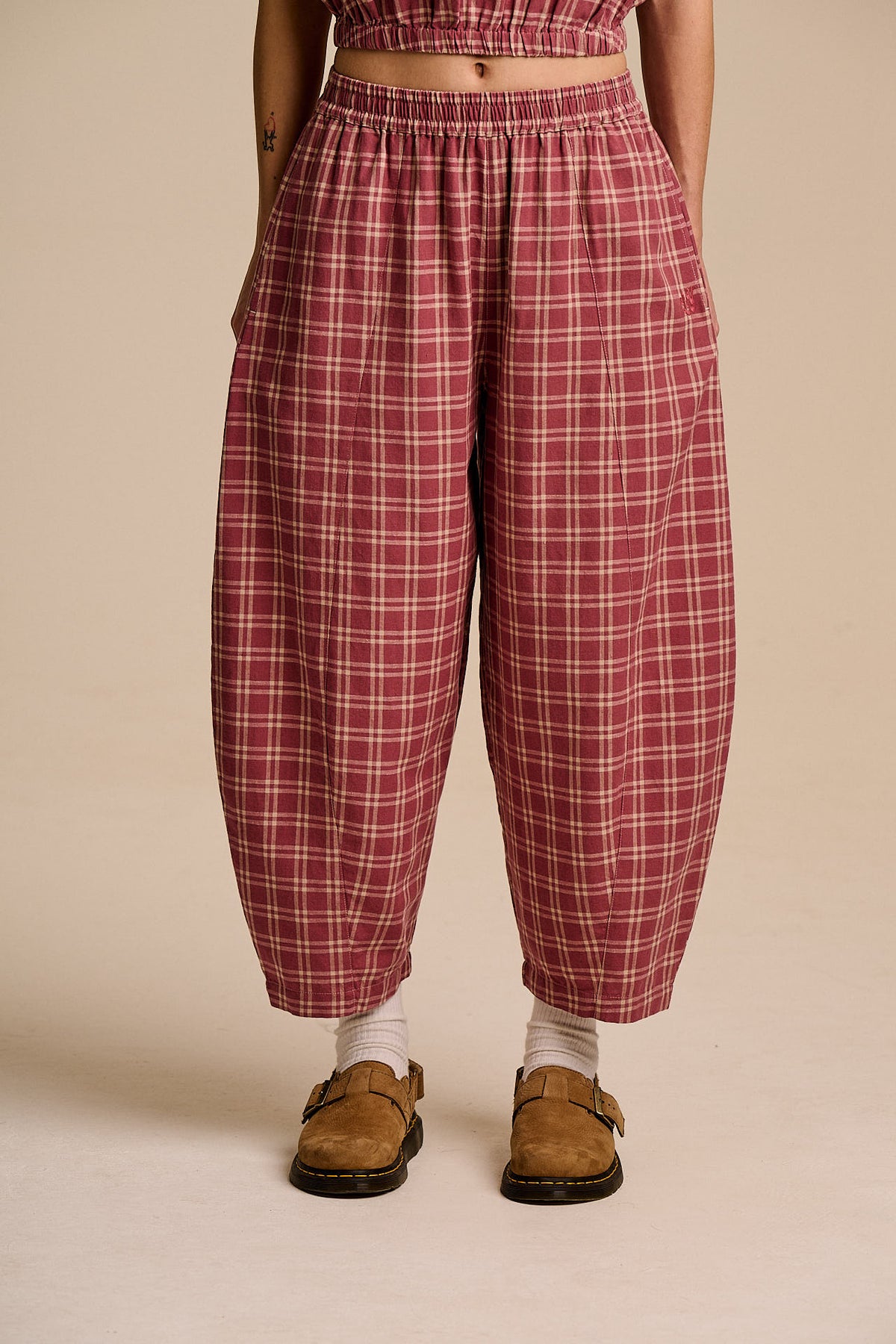 Obregon - Barrel Leg Trousers - Organic Cotton in Maroon Deco Rose Check