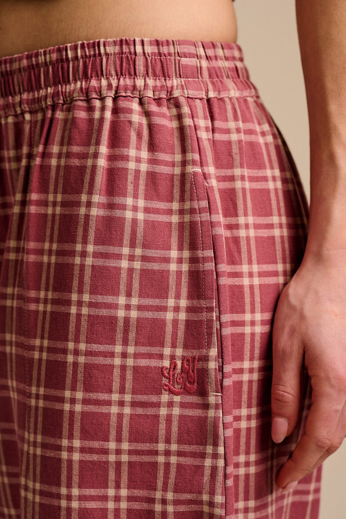 Obregon - Barrel Leg Trousers - Organic Cotton in Maroon Deco Rose Check
