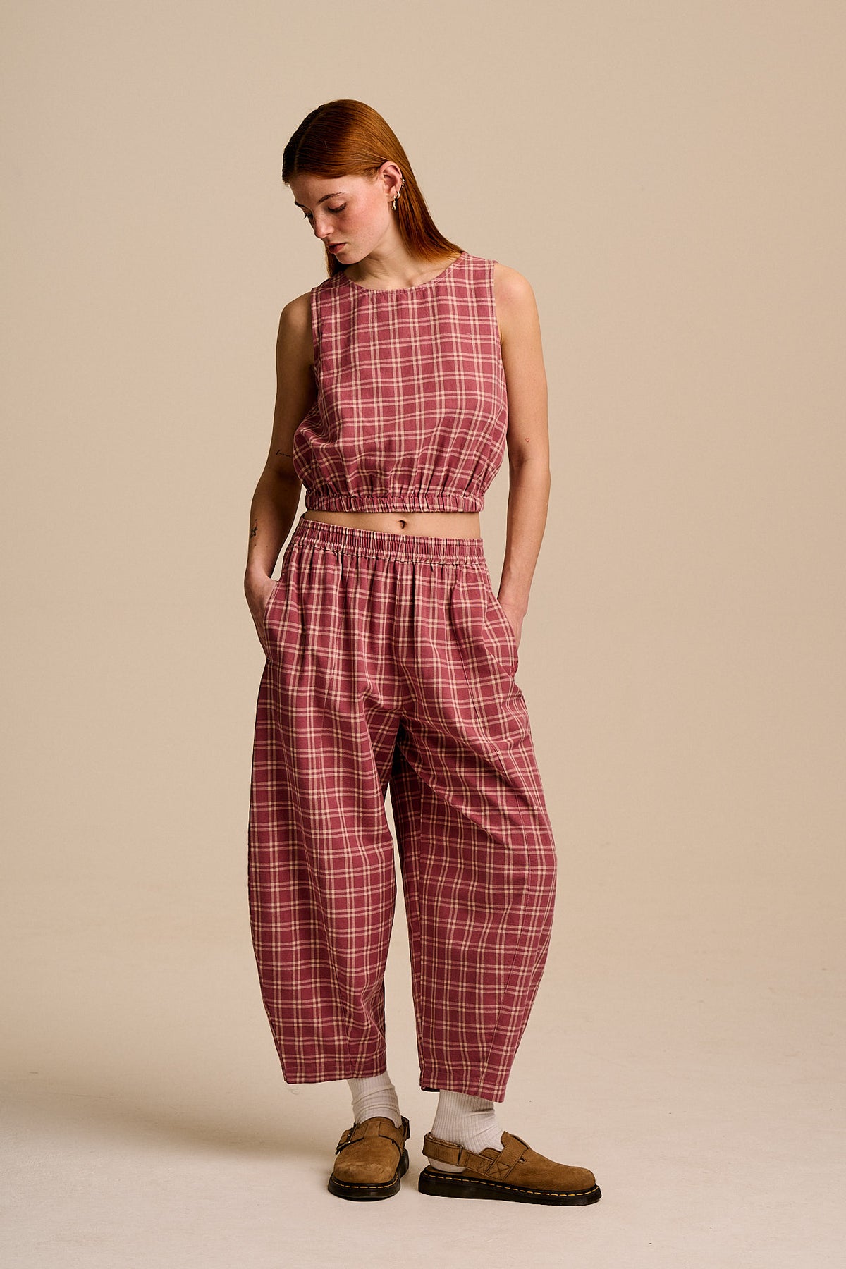 Obregon - Barrel Leg Trousers - Organic Cotton in Maroon Deco Rose Check