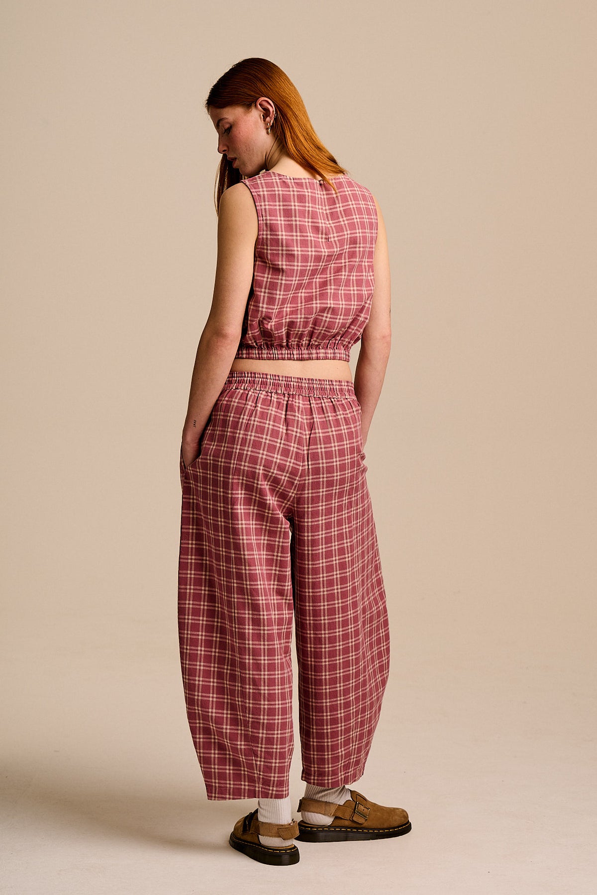 Obregon - Barrel Leg Trousers - Organic Cotton in Maroon Deco Rose Check