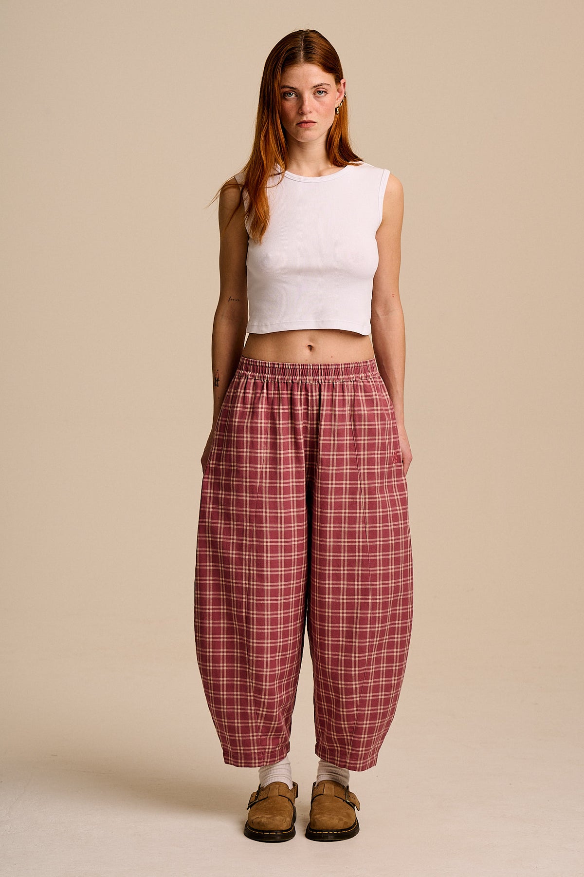 Obregon - Barrel Leg Trousers - Organic Cotton in Maroon Deco Rose Check