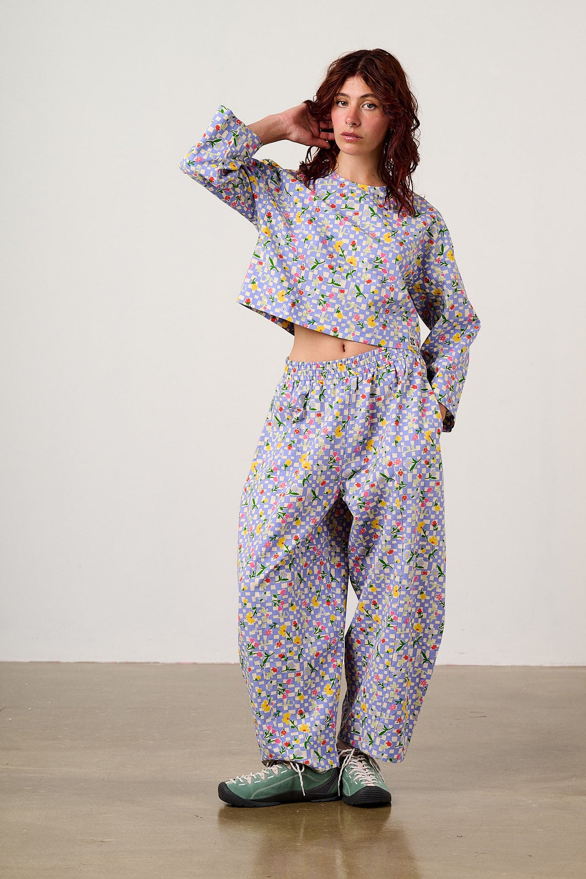 Obregon - Barrel Leg Trousers Organic Cotton in Ditsy Checkerboard Floral