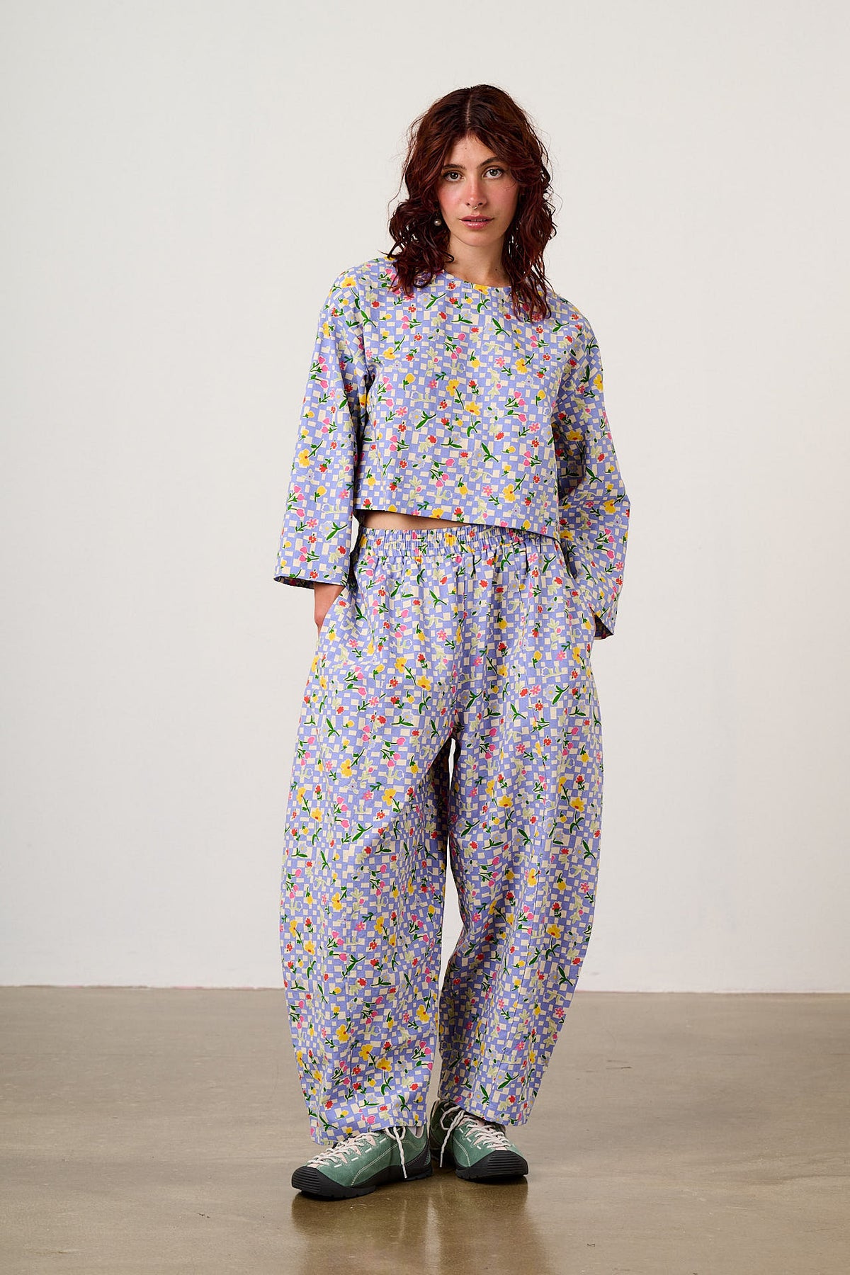 Obregon - Barrel Leg Trousers Organic Cotton in Ditsy Checkerboard Floral