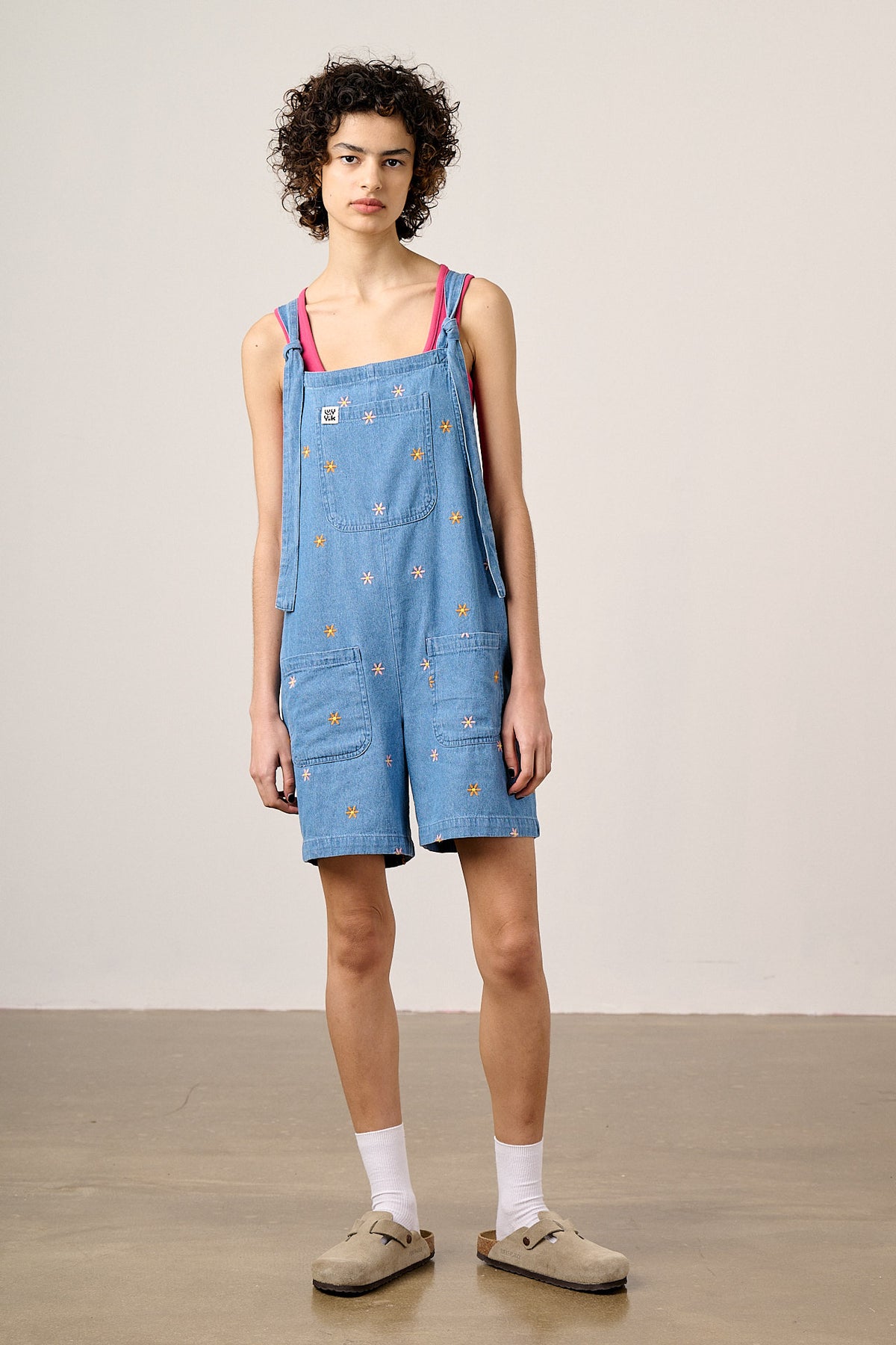 IMPERFECT Original Shorts - Cotton Dungarees Shorts in Light Blue with Floral Embroidery