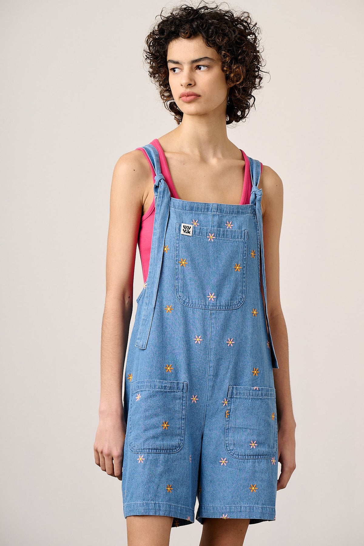 IMPERFECT Original Shorts - Cotton Dungarees Shorts in Light Blue with Floral Embroidery