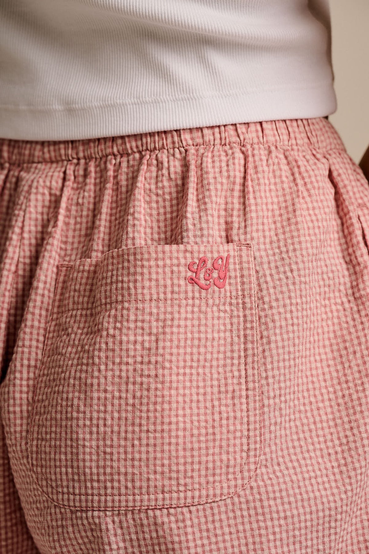 Popan - Relaxed Shorts Organic Cotton Seersucker in Pink Mini Gingham