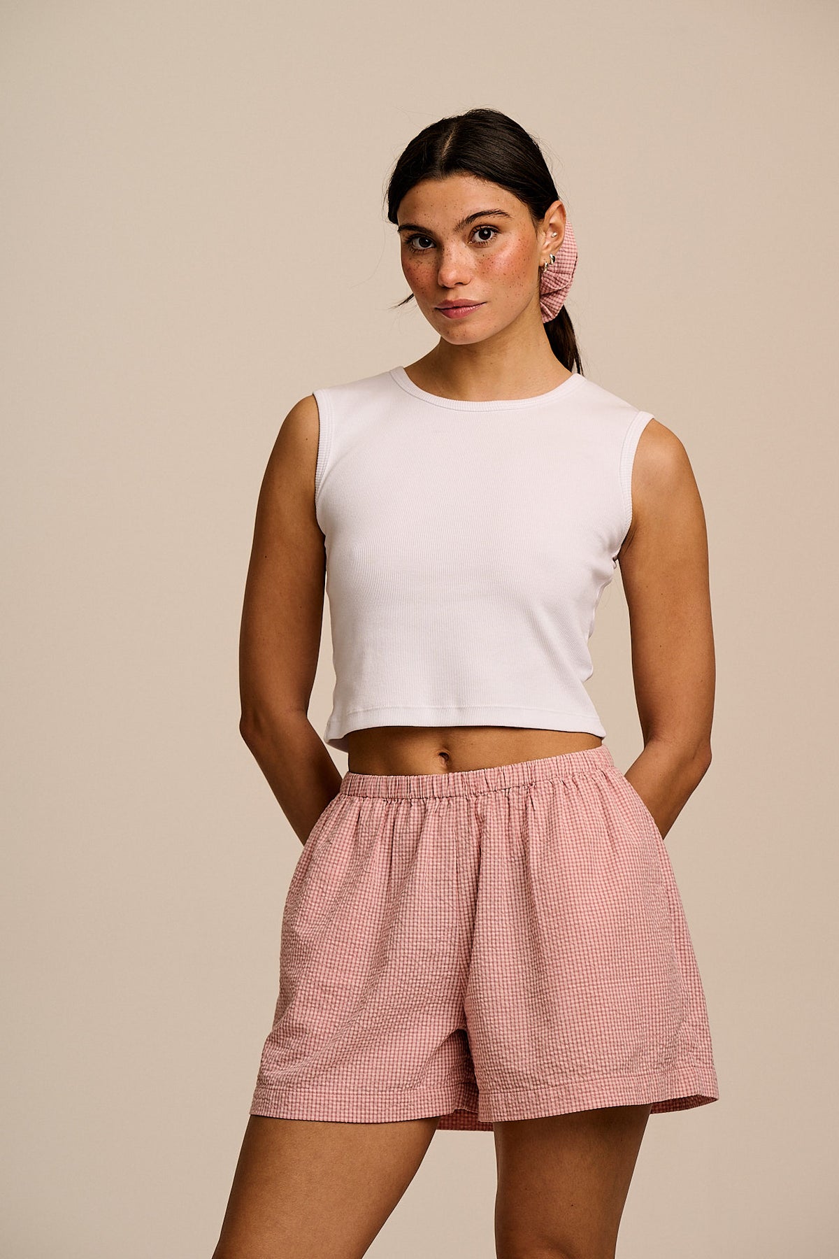Popan - Relaxed Shorts Organic Cotton Seersucker in Pink Mini Gingham