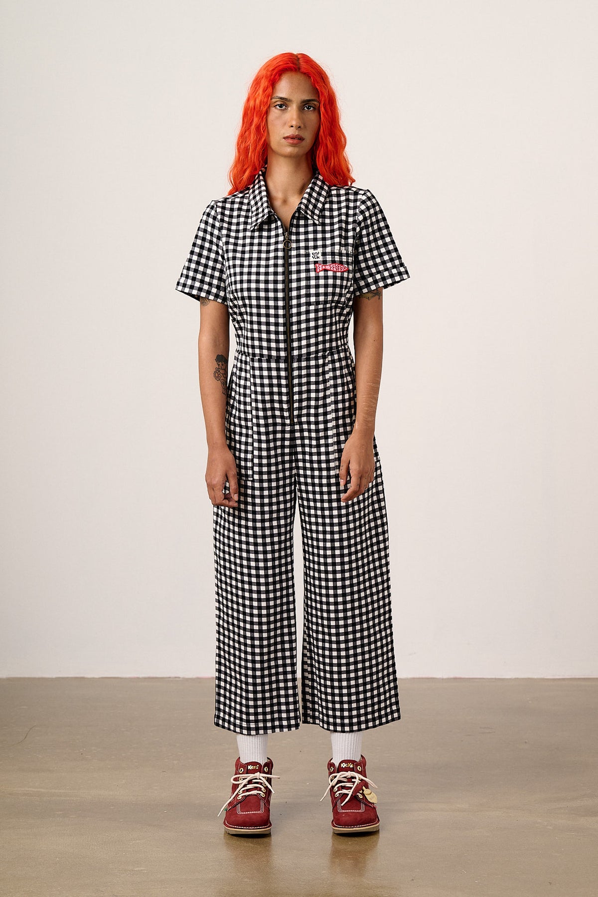 Ragan - Cropped Leg Jumpsuit Organic Cotton Twill in Black & White Gingham Fish Embroidery
