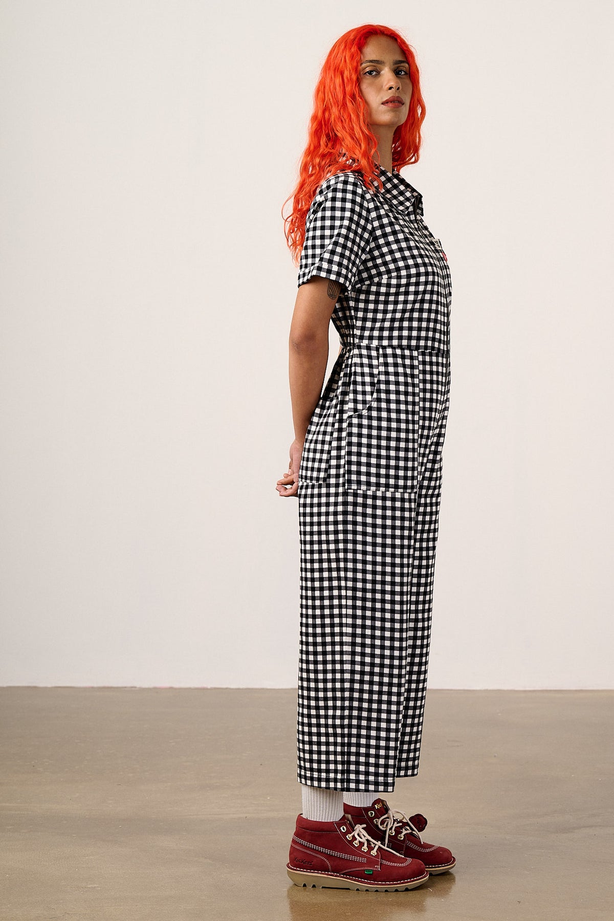 Ragan - Cropped Leg Jumpsuit Organic Cotton Twill in Black & White Gingham Fish Embroidery