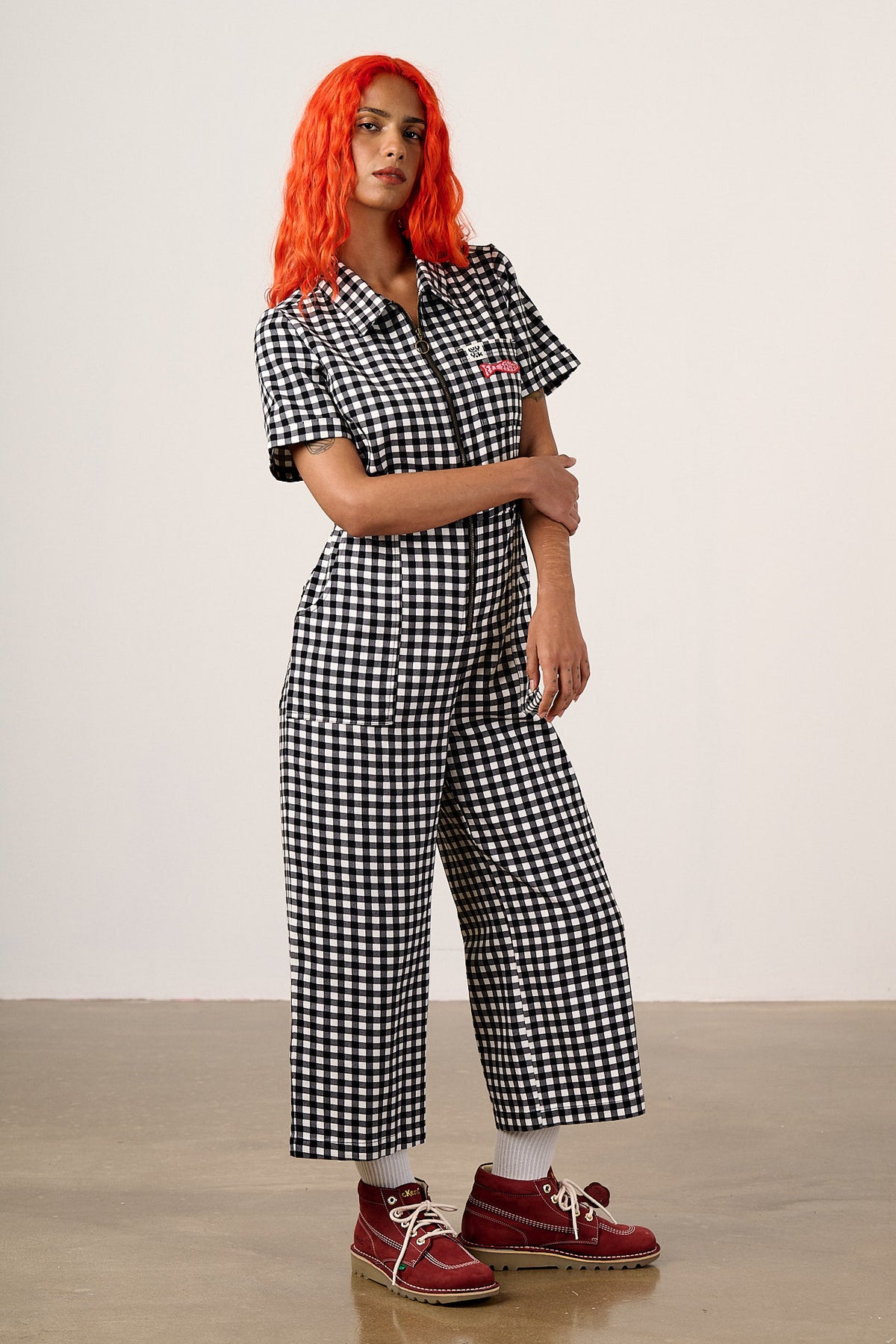 Ragan - Cropped Leg Jumpsuit Organic Cotton Twill in Black & White Gingham Fish Embroidery