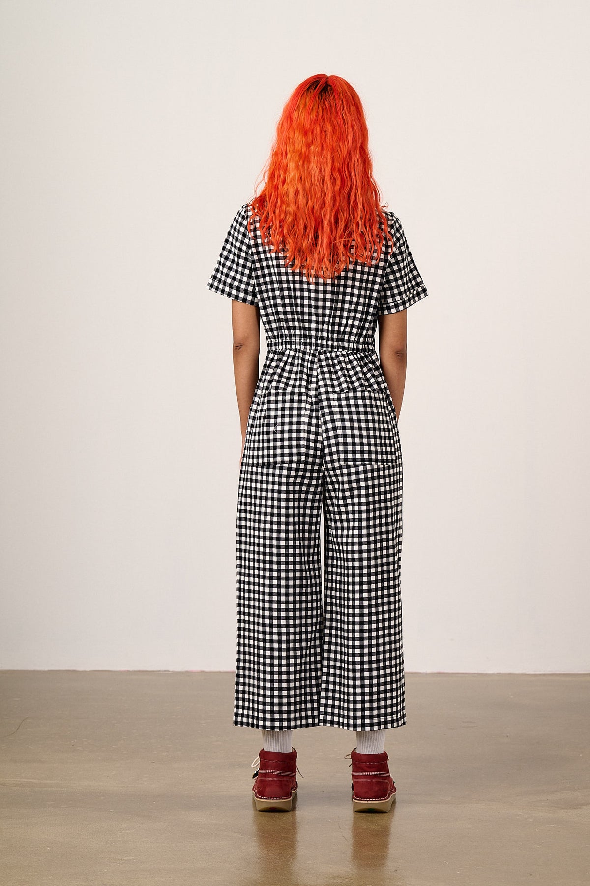 Ragan - Cropped Leg Jumpsuit Organic Cotton Twill in Black & White Gingham Fish Embroidery