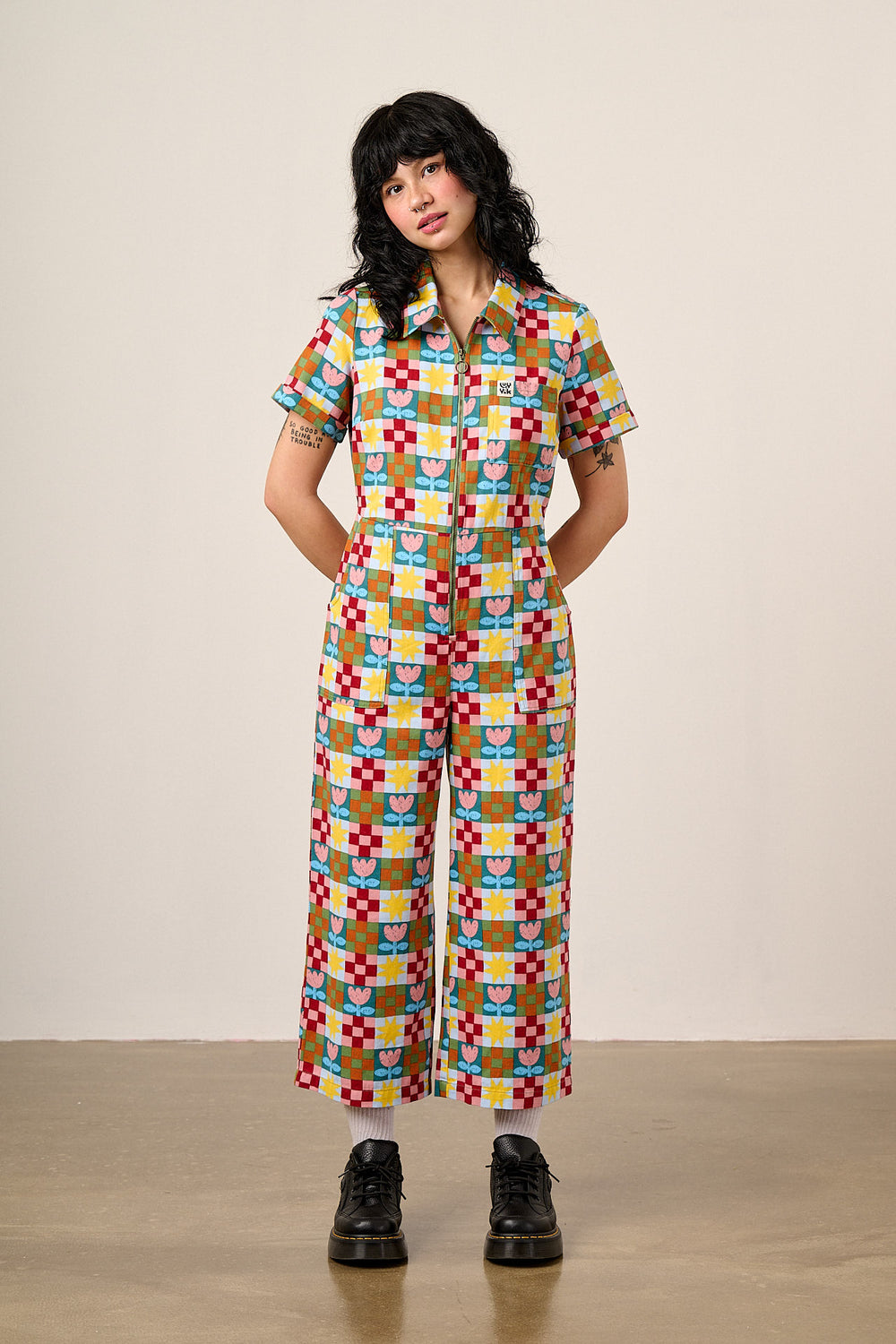 Ragan - Cropped Leg Jumpsuit Organic Cotton Twill in Cosmic Folk Tulip Print