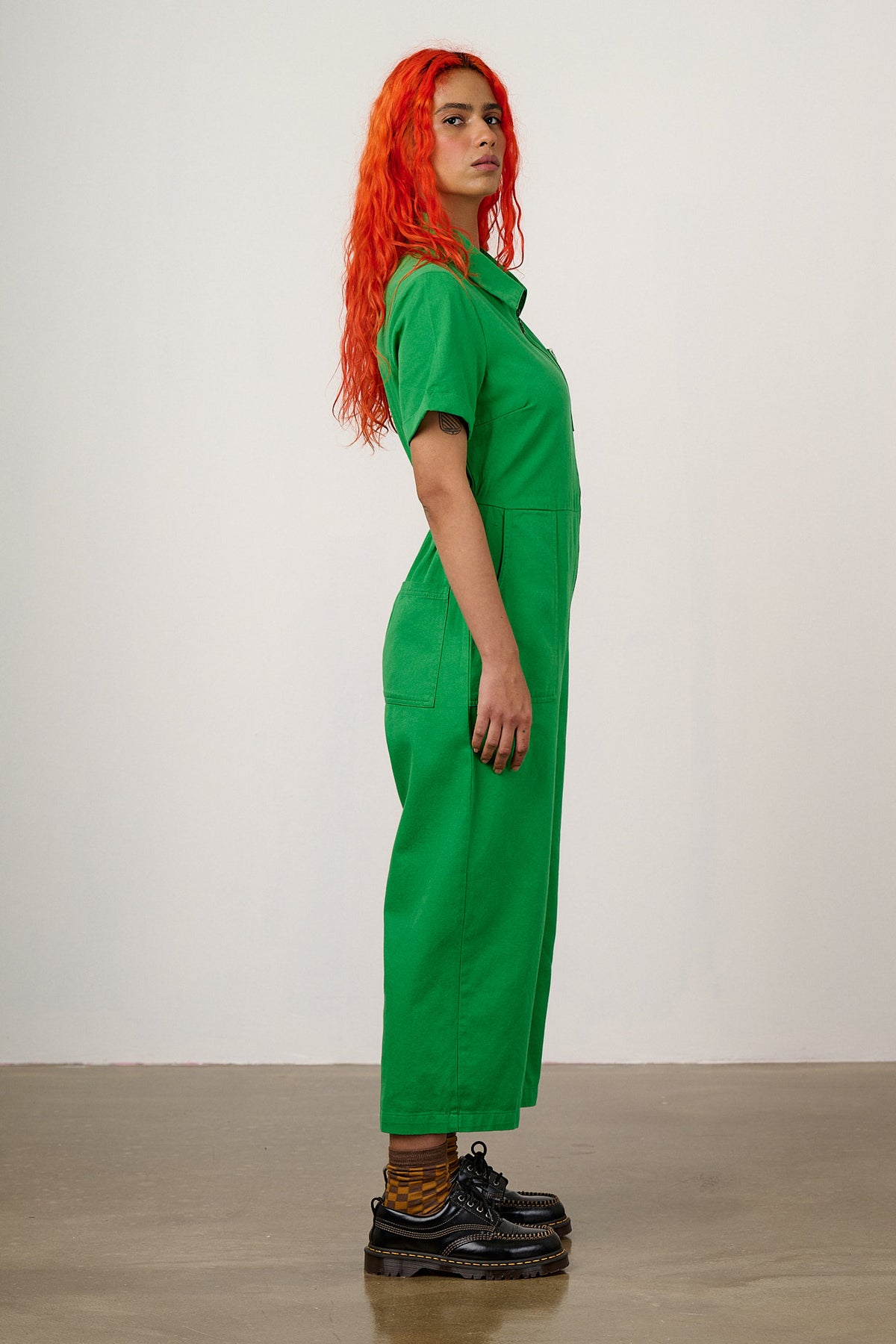 Ragan - Cropped Leg Jumpsuit Organic Cotton Twill in Kelly Green