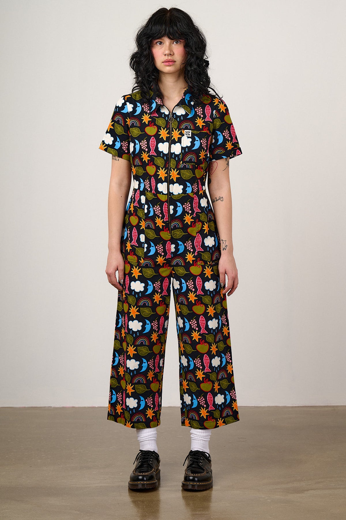 Ragan - Cropped Leg Jumpsuit Organic Cotton Twill in Naive Shapes Print
