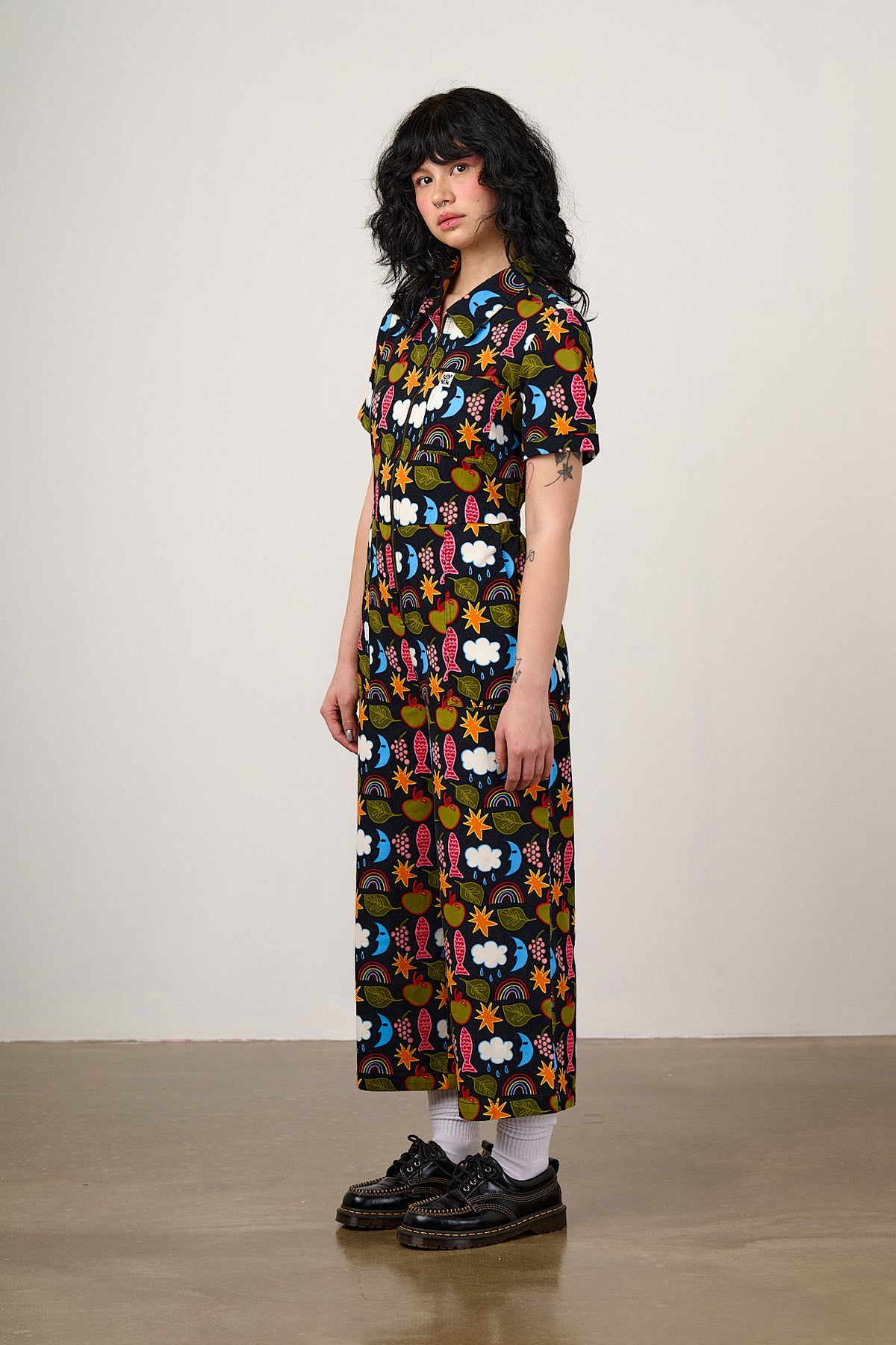 Ragan - Cropped Leg Jumpsuit Organic Cotton Twill in Naive Shapes Print