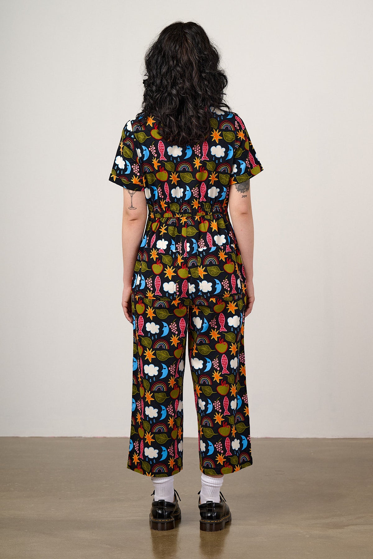 Ragan - Cropped Leg Jumpsuit Organic Cotton Twill in Naive Shapes Print
