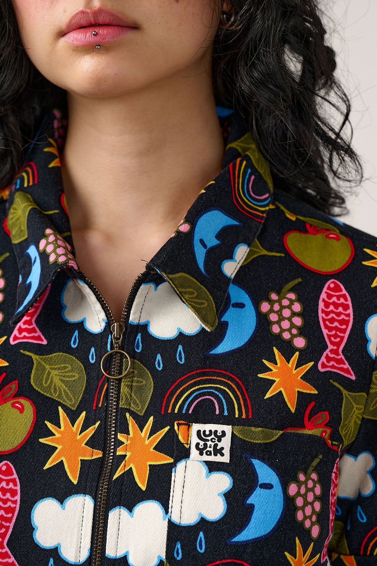 Ragan - Cropped Leg Jumpsuit Organic Cotton Twill in Naive Shapes Print