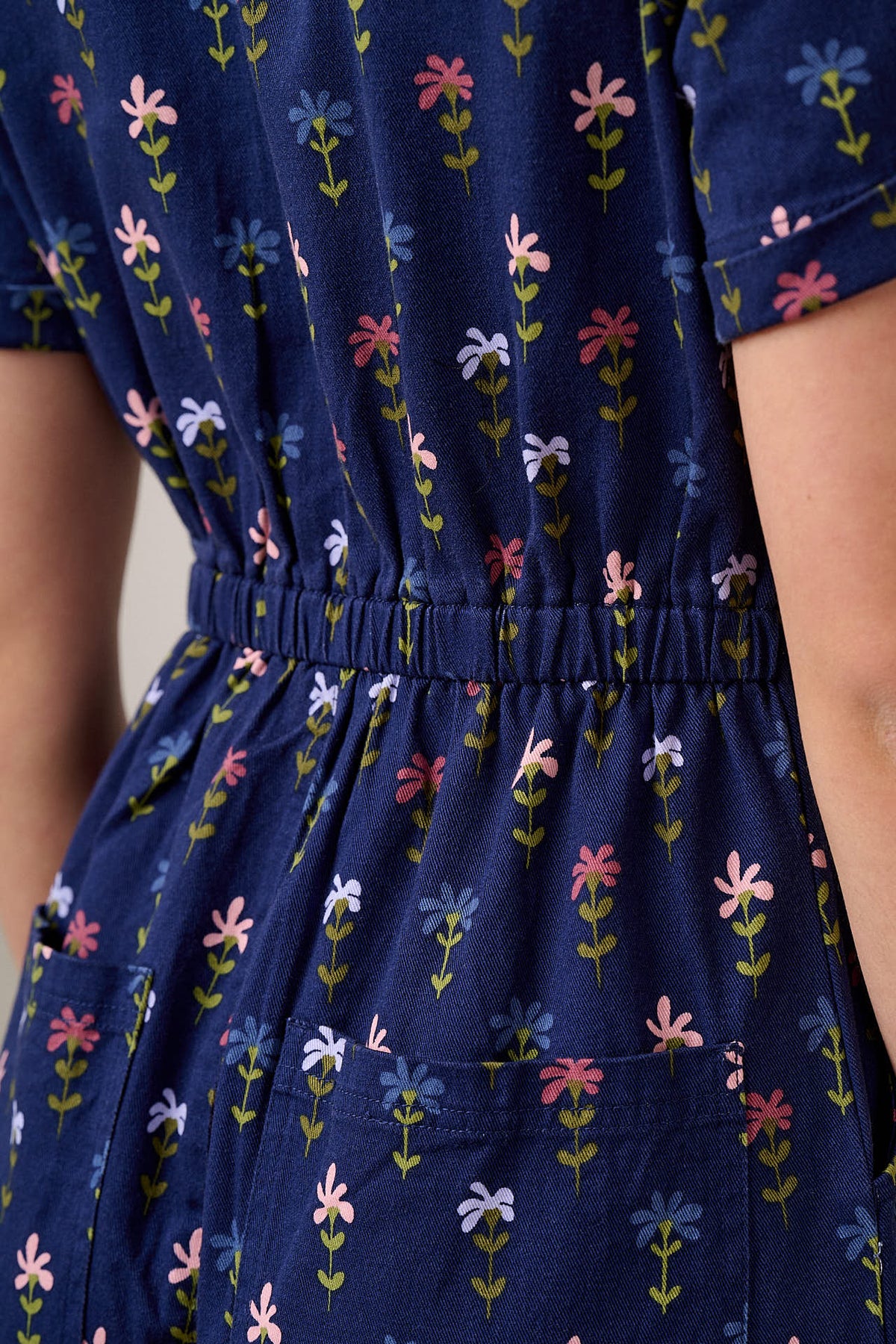 Ragan - Cropped Leg Jumpsuit Organic Cotton Twill in Navy Tulips