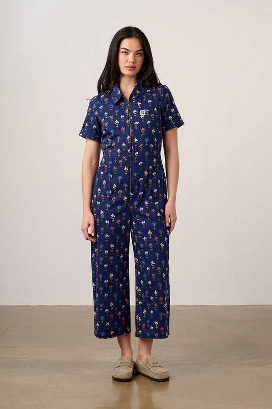 Ragan - Cropped Leg Jumpsuit Organic Cotton Twill in Navy Tulips