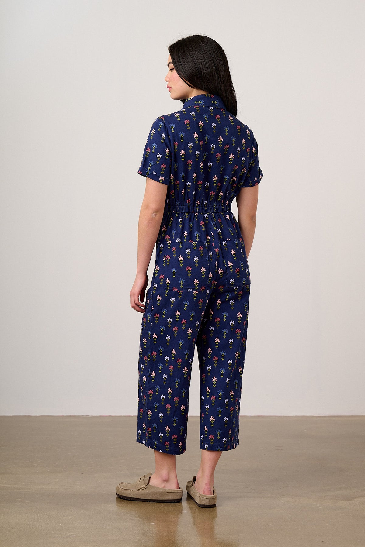 Ragan - Cropped Leg Jumpsuit Organic Cotton Twill in Navy Tulips