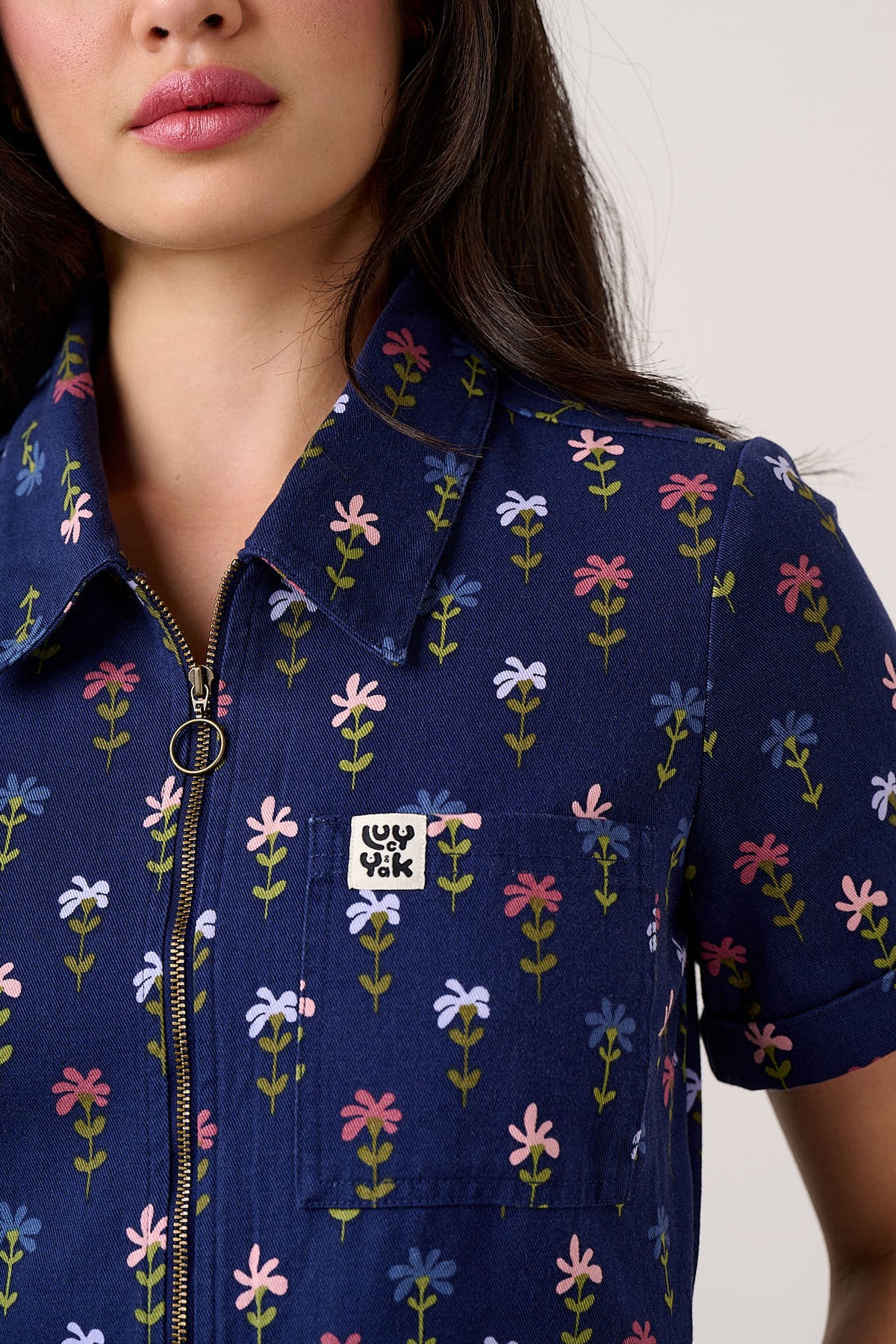 Ragan - Cropped Leg Jumpsuit Organic Cotton Twill in Navy Tulips
