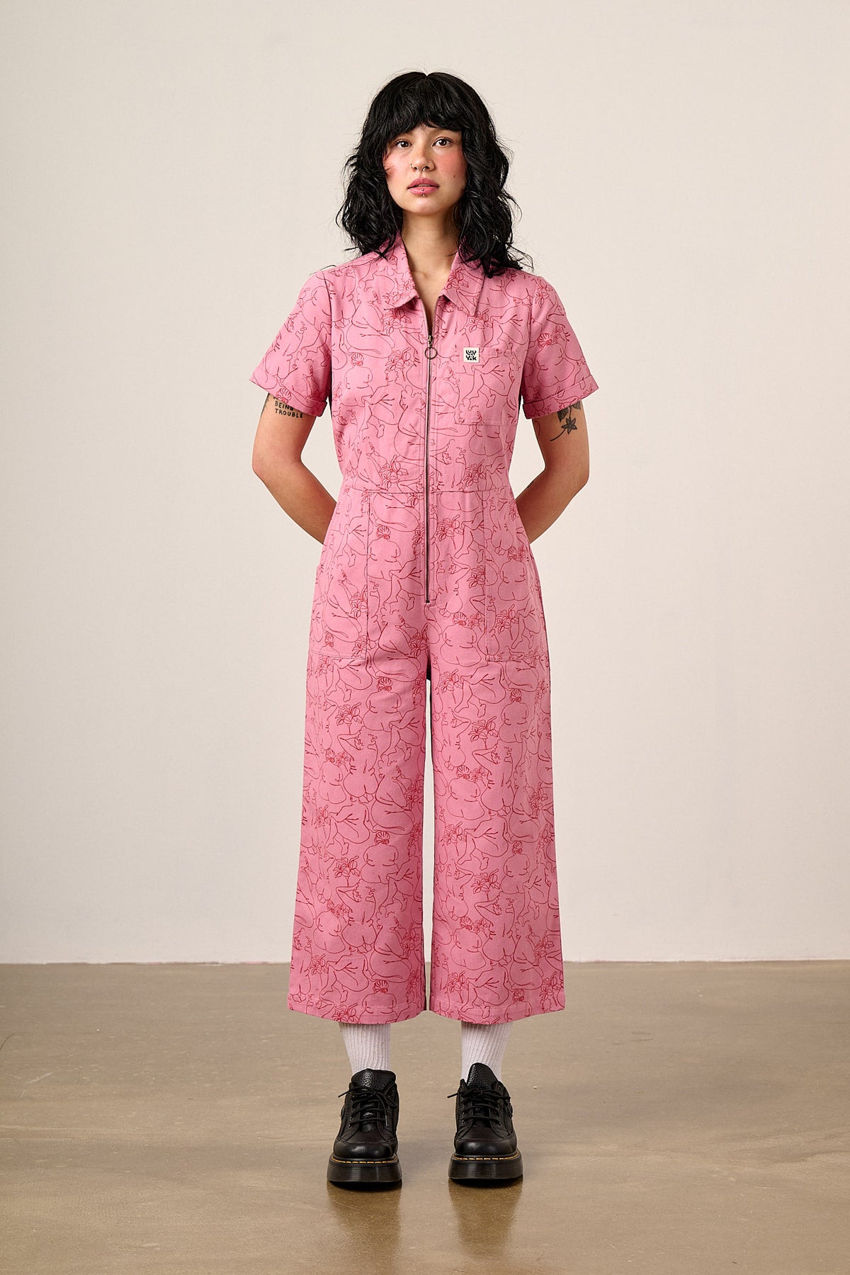 Ragan - Cropped Leg Jumpsuit Organic Cotton Twill in Pink Bodies Print