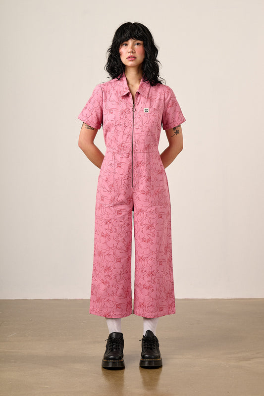 Ragan - Cropped Leg Jumpsuit Organic Cotton Twill in Pink Bodies Print