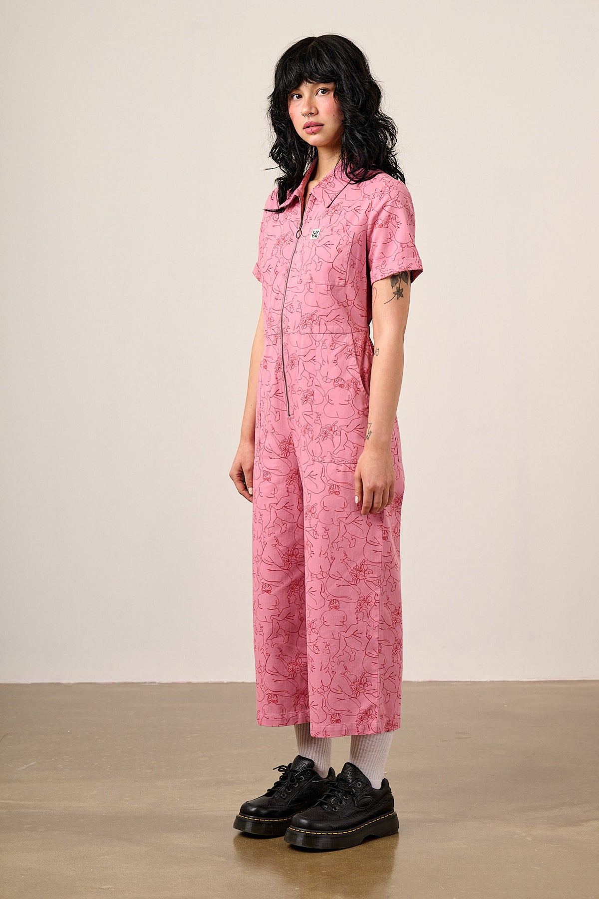 Ragan - Cropped Leg Jumpsuit Organic Cotton Twill in Pink Bodies Print