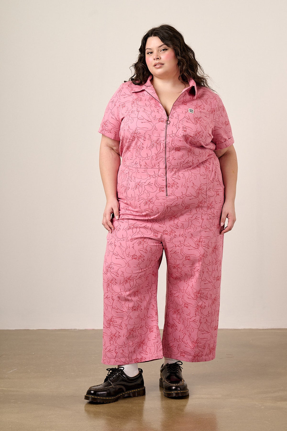 Ragan - Cropped Leg Jumpsuit Organic Cotton Twill in Pink Bodies Print