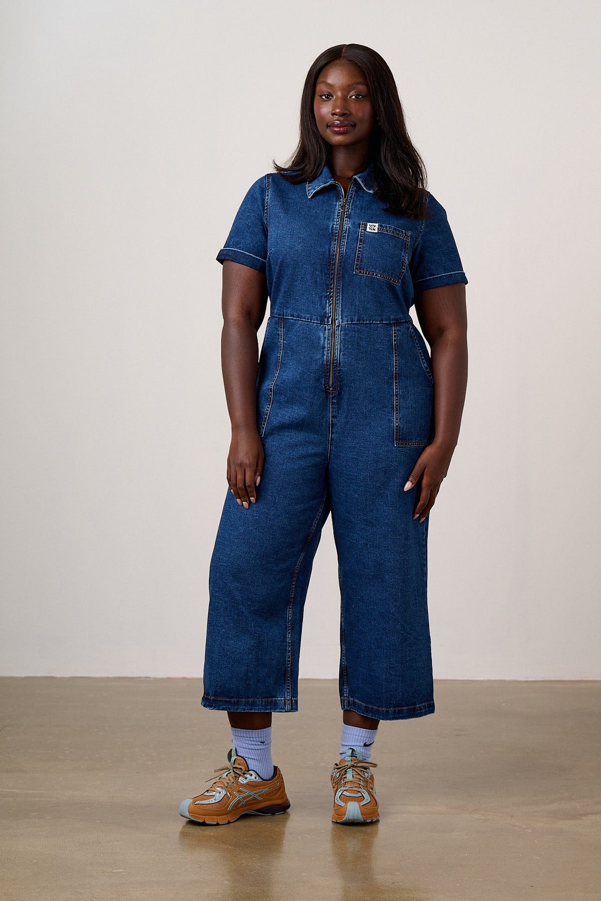 Ragan - Cropped Leg Jumpsuit Organic Cotton Denim in Mid Wash Blue