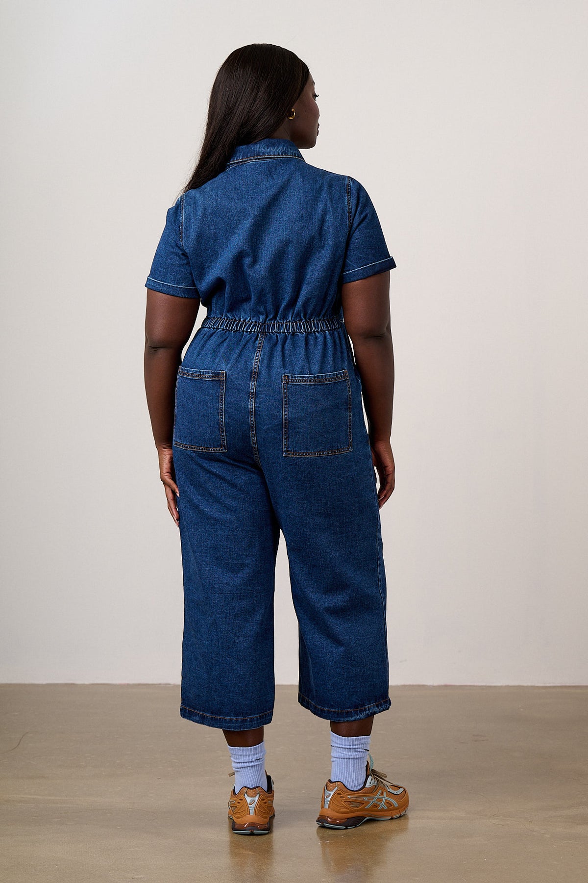 Ragan - Cropped Leg Jumpsuit Organic Cotton Denim in Mid Wash Blue