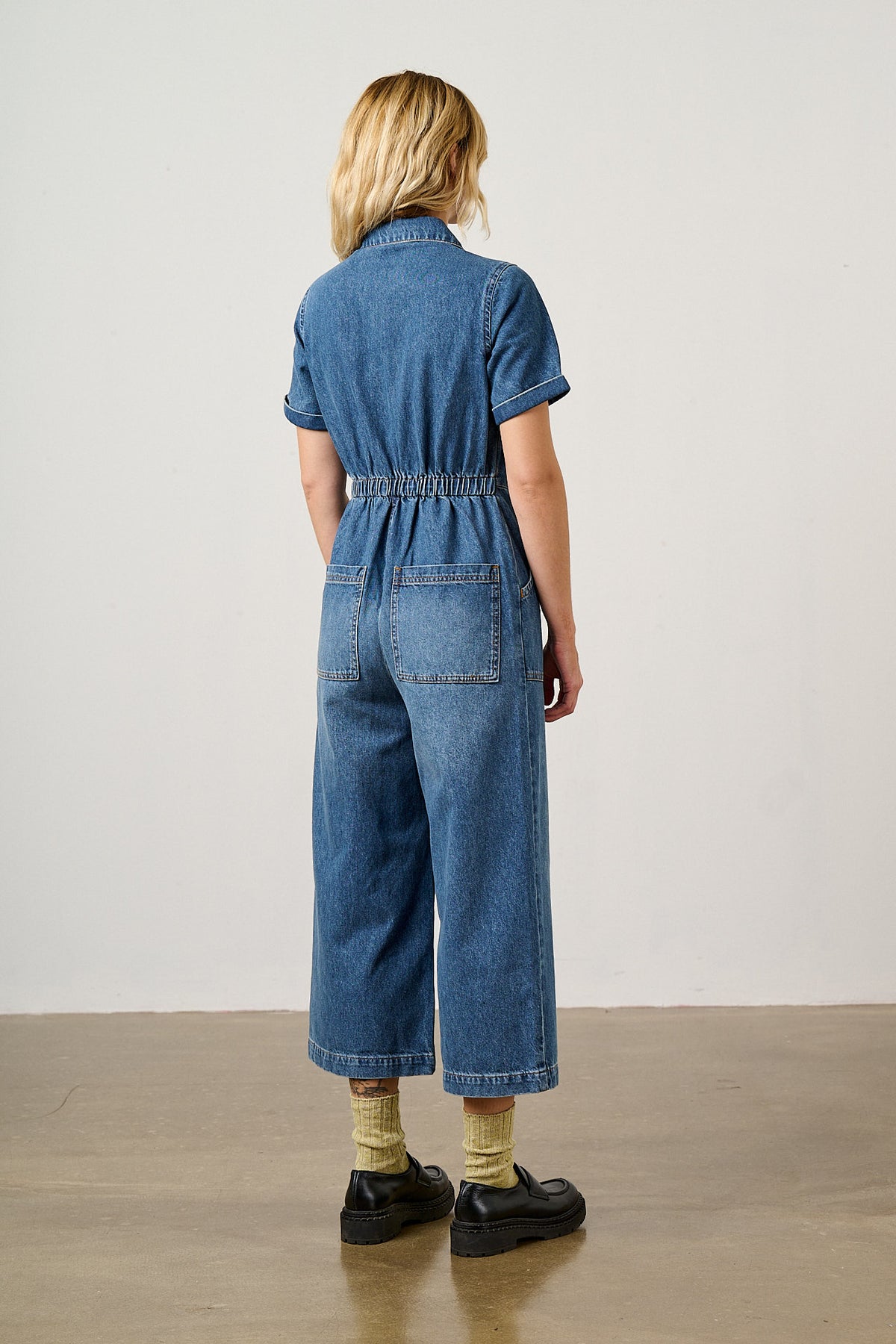 Ragan - Cropped Leg Jumpsuit Organic Cotton Denim in New Mid Wash Blue