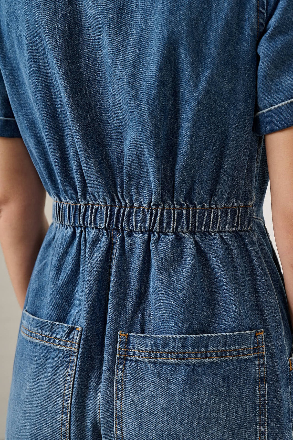 Ragan - Cropped Leg Jumpsuit Organic Cotton Denim in New Mid Wash Blue