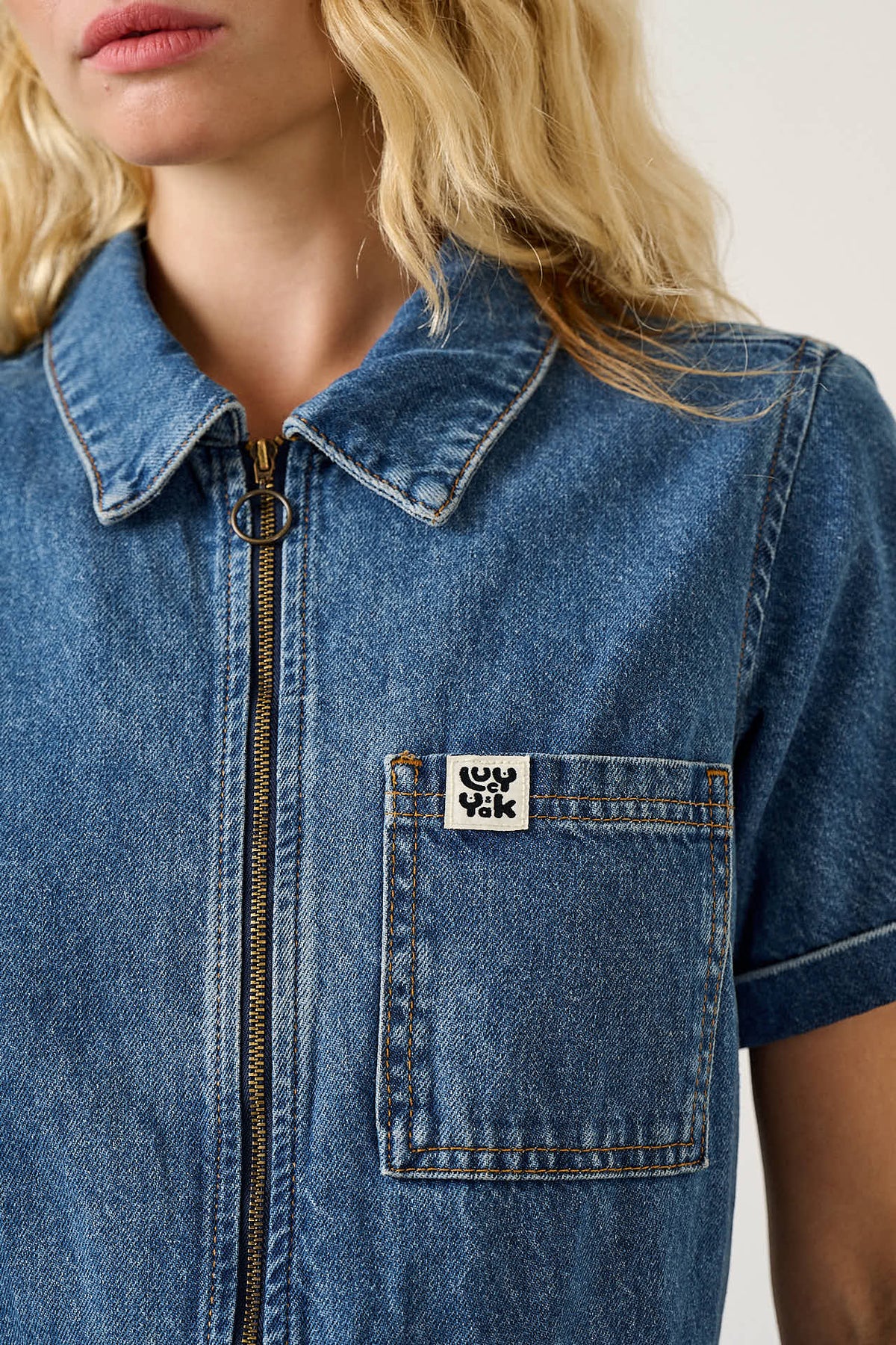 Ragan - Cropped Leg Jumpsuit Organic Cotton Denim in New Mid Wash Blue