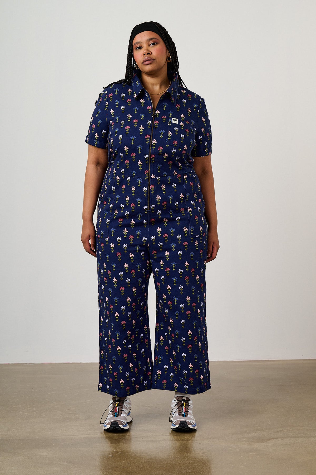 Ragan - Cropped Leg Jumpsuit Organic Cotton Twill in Navy Tulips