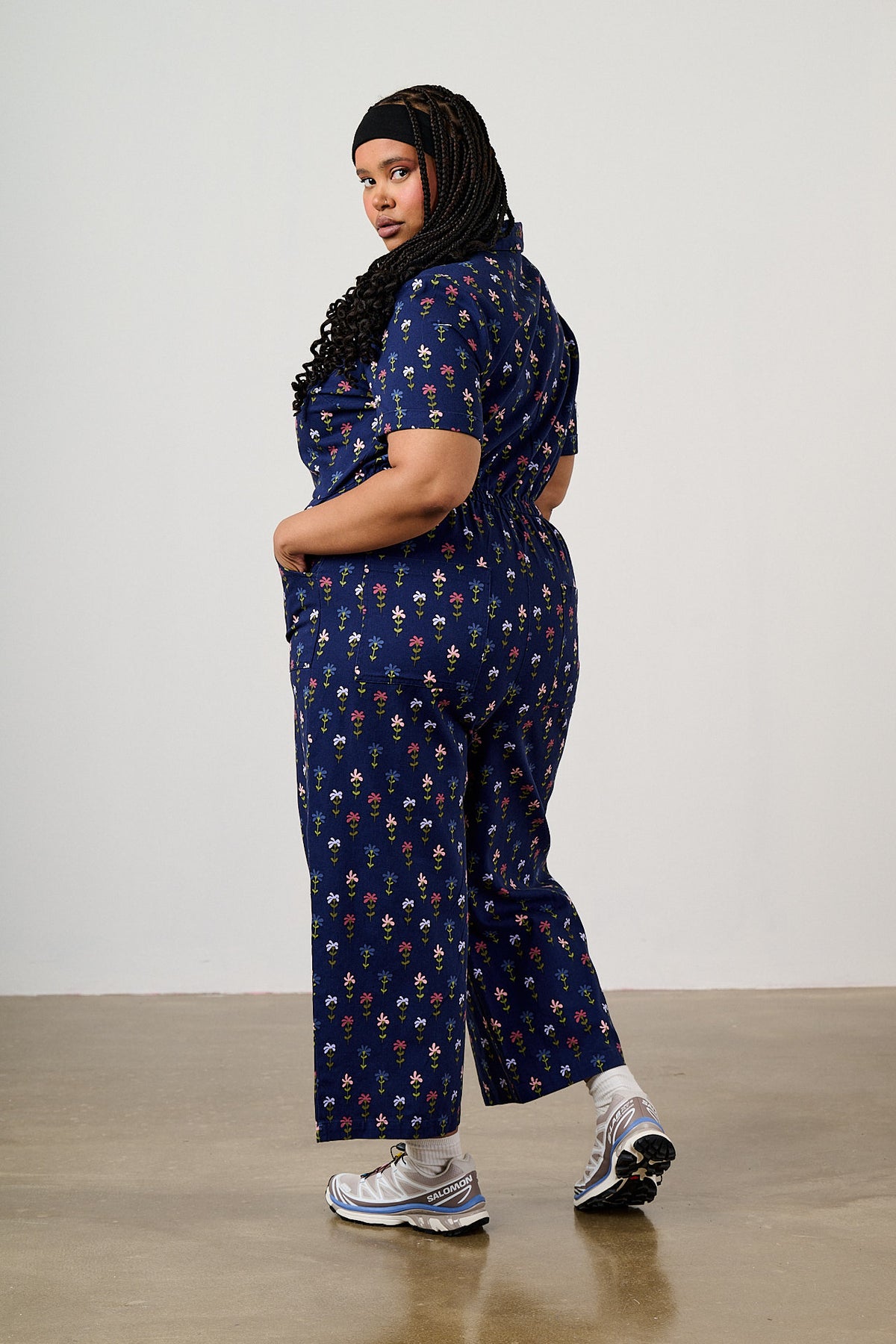 Ragan - Cropped Leg Jumpsuit Organic Cotton Twill in Navy Tulips