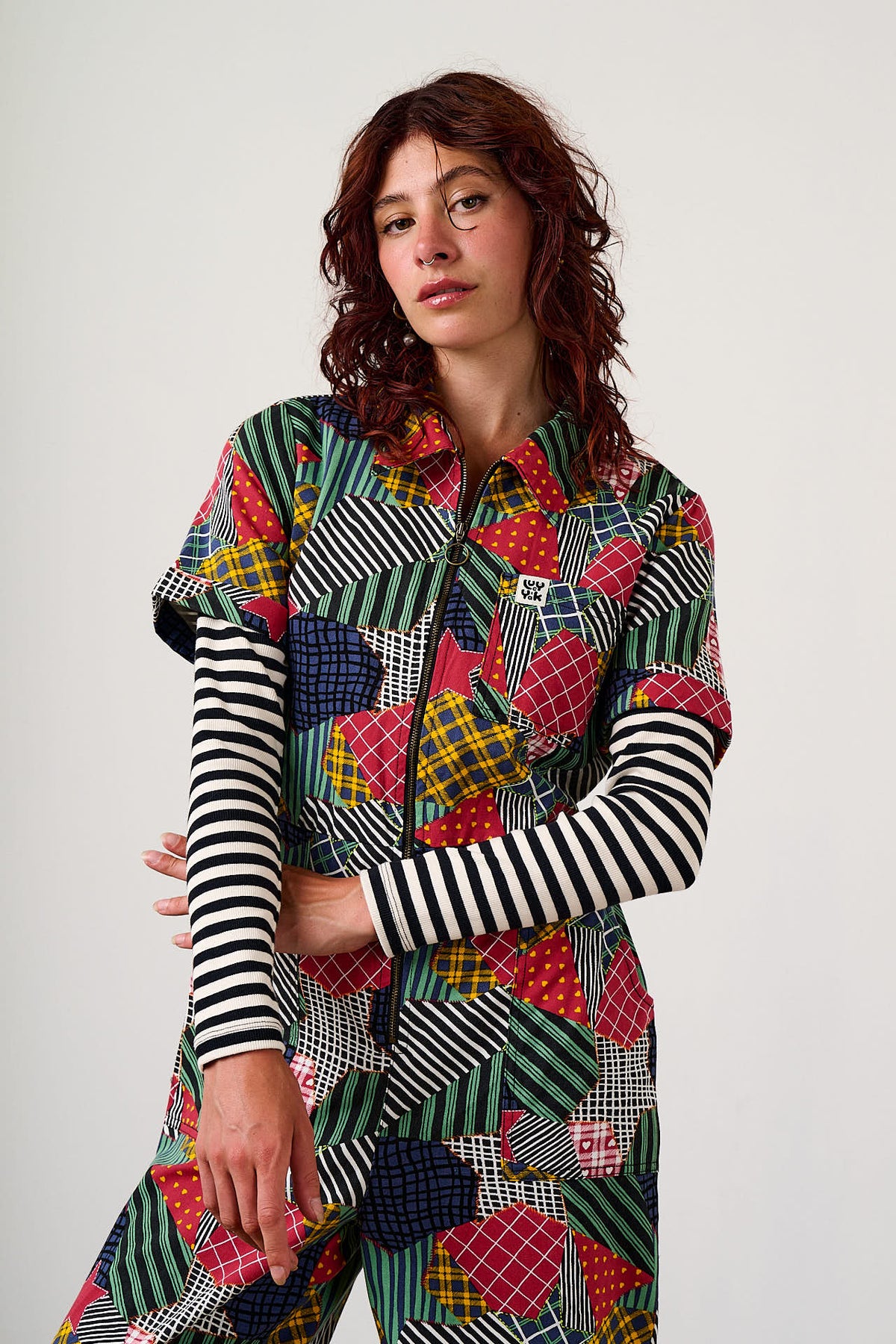 Ragan - Cropped Leg Jumpsuit Organic Cotton Twill in Star Patchwork Print