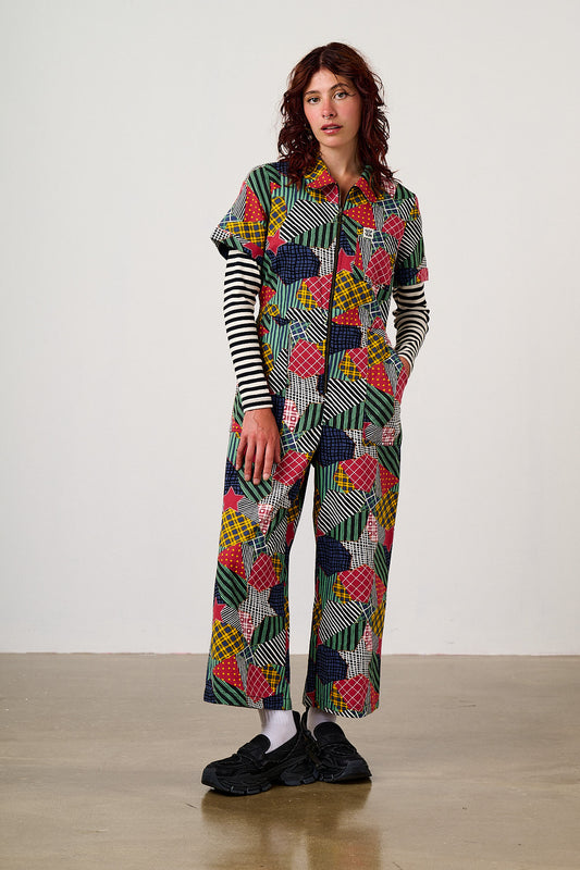 Ragan - Cropped Leg Jumpsuit Organic Cotton Twill in Star Patchwork Print