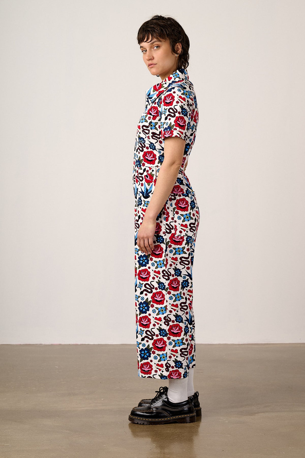 Ragan - Cropped Leg Jumpsuit Organic Cotton Twill in Multi Coloured Tattoo Print