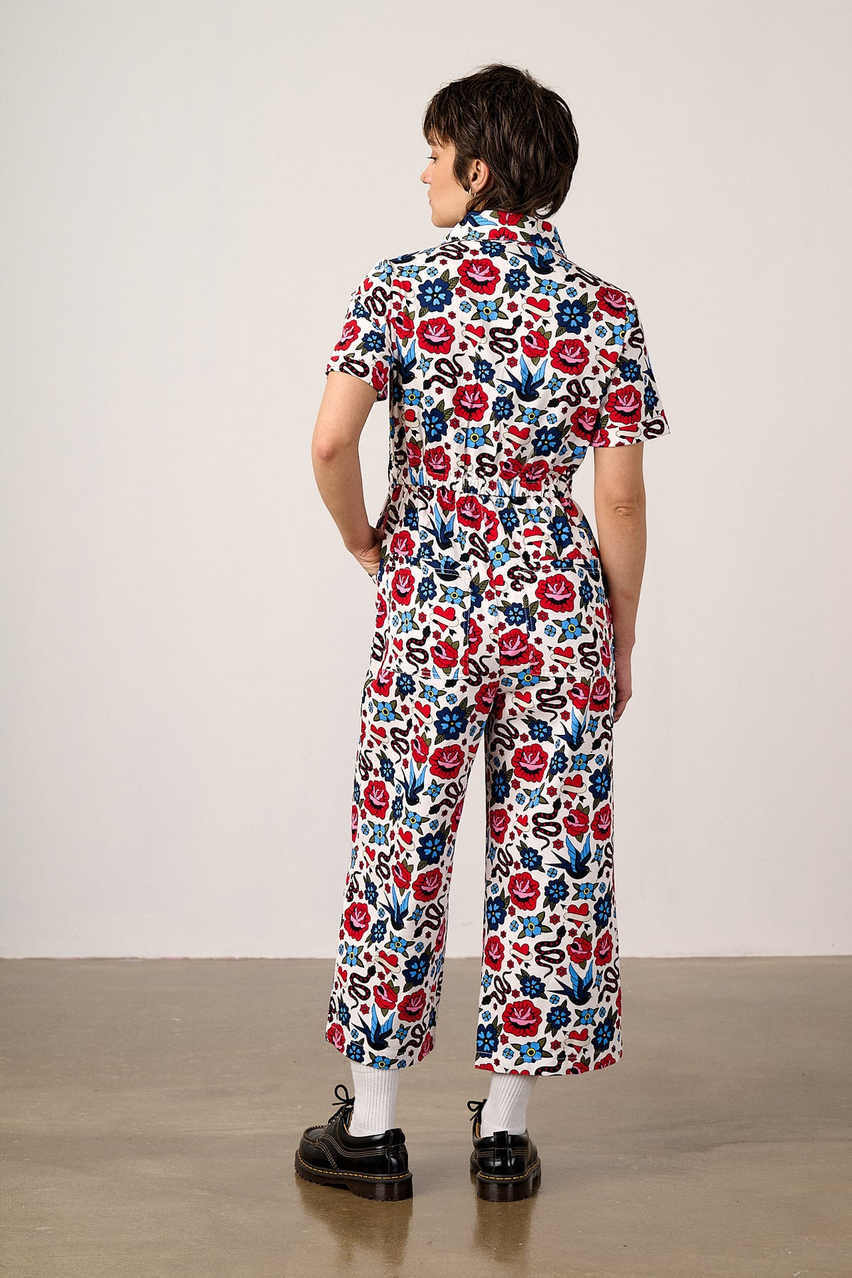 Ragan - Cropped Leg Jumpsuit Organic Cotton Twill in Multi Coloured Tattoo Print