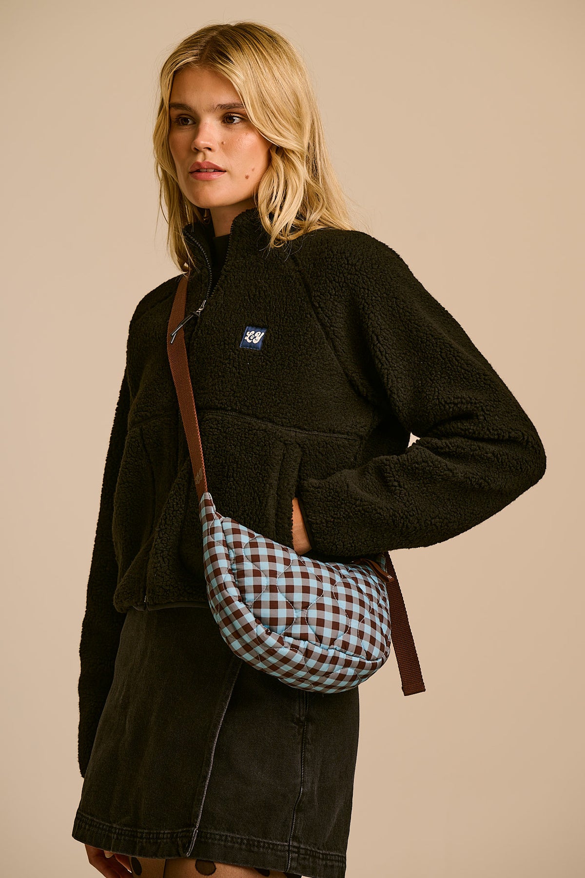 Reims - Crossbody Bag Recycled Polyester in Blue and Brown Check