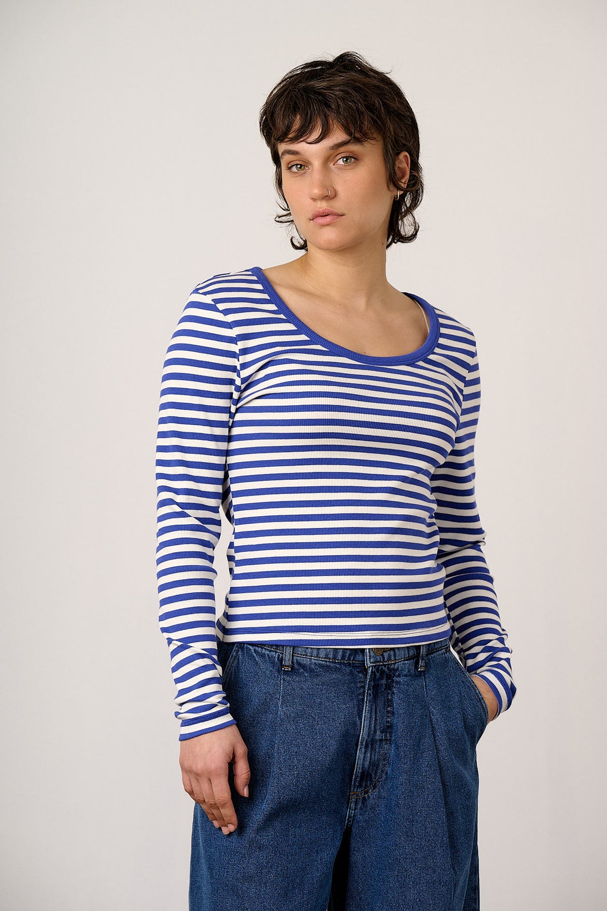 Remy - Ribbed Cotton Scoop Neck Long Sleeve Top in Blue & White Stripe
