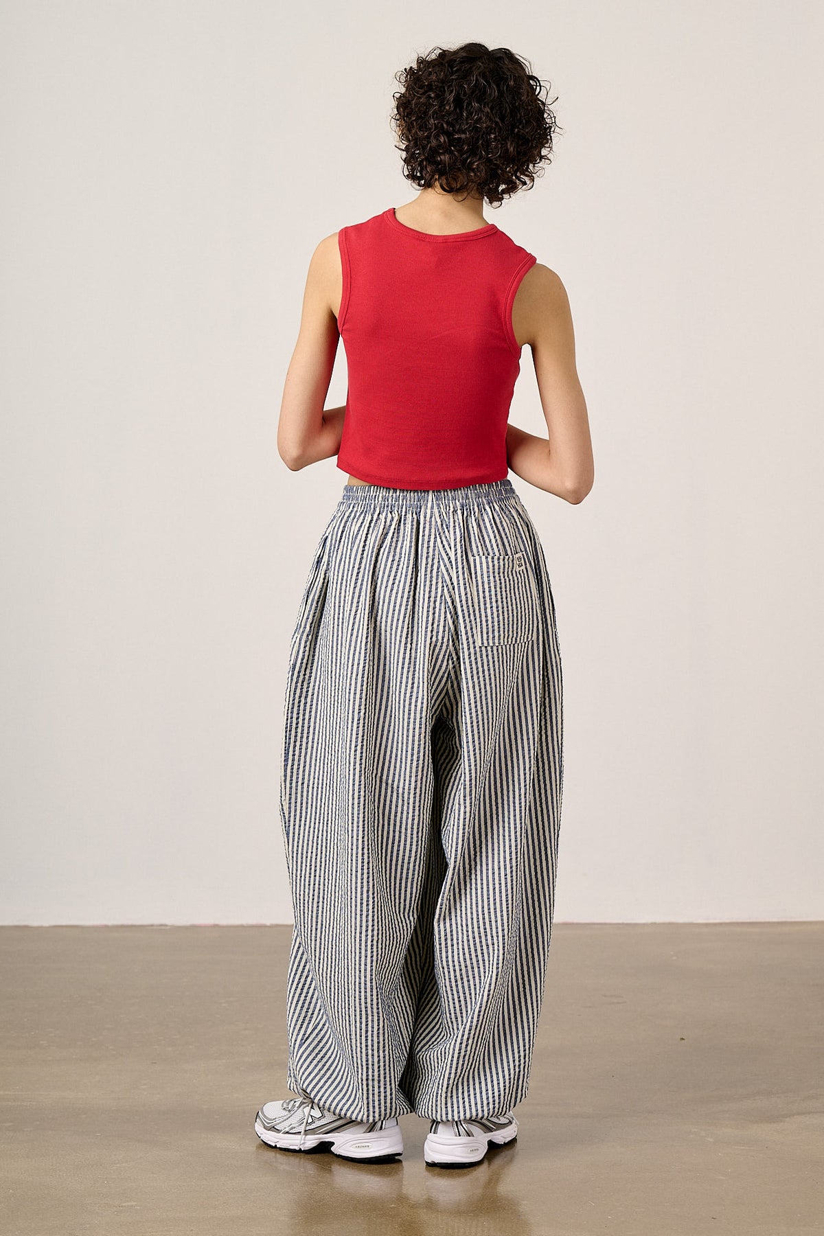 Renata - Balloon Leg Trousers Organic Cotton in Blue & White Stripe