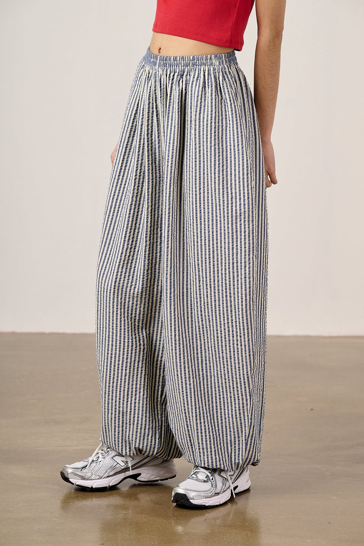 Renata - Balloon Leg Trousers Organic Cotton in Blue & White Stripe