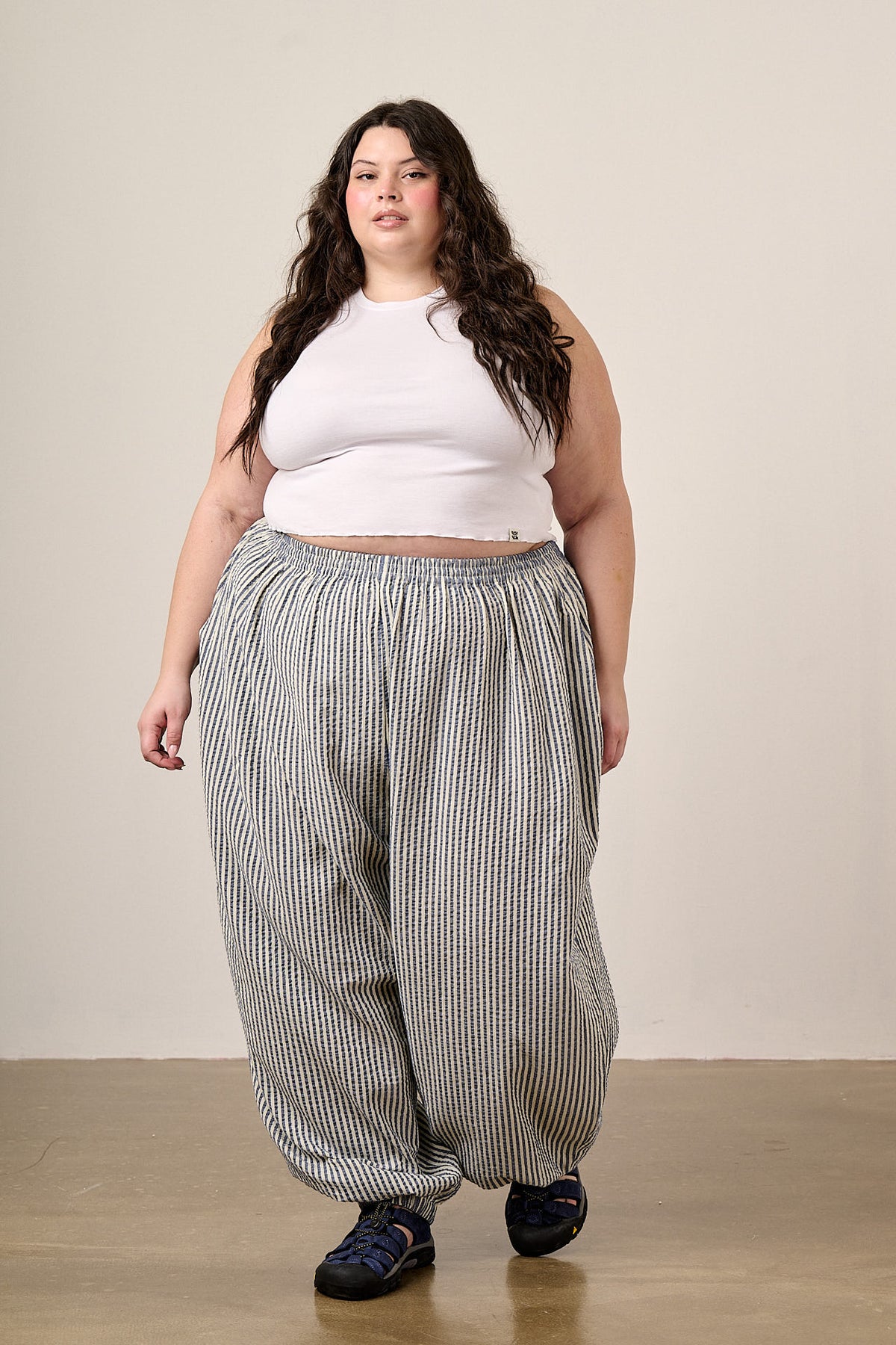 Renata - Balloon Leg Trousers Organic Cotton in Blue & White Stripe