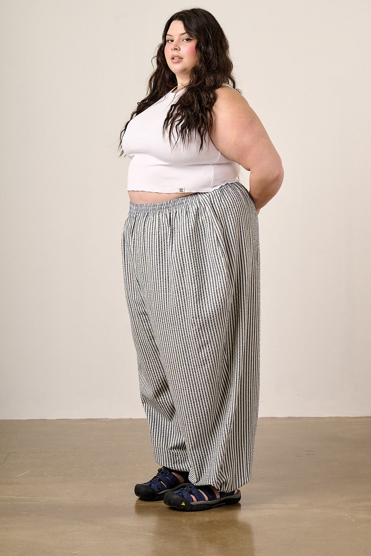 Renata - Balloon Leg Trousers Organic Cotton in Blue & White Stripe