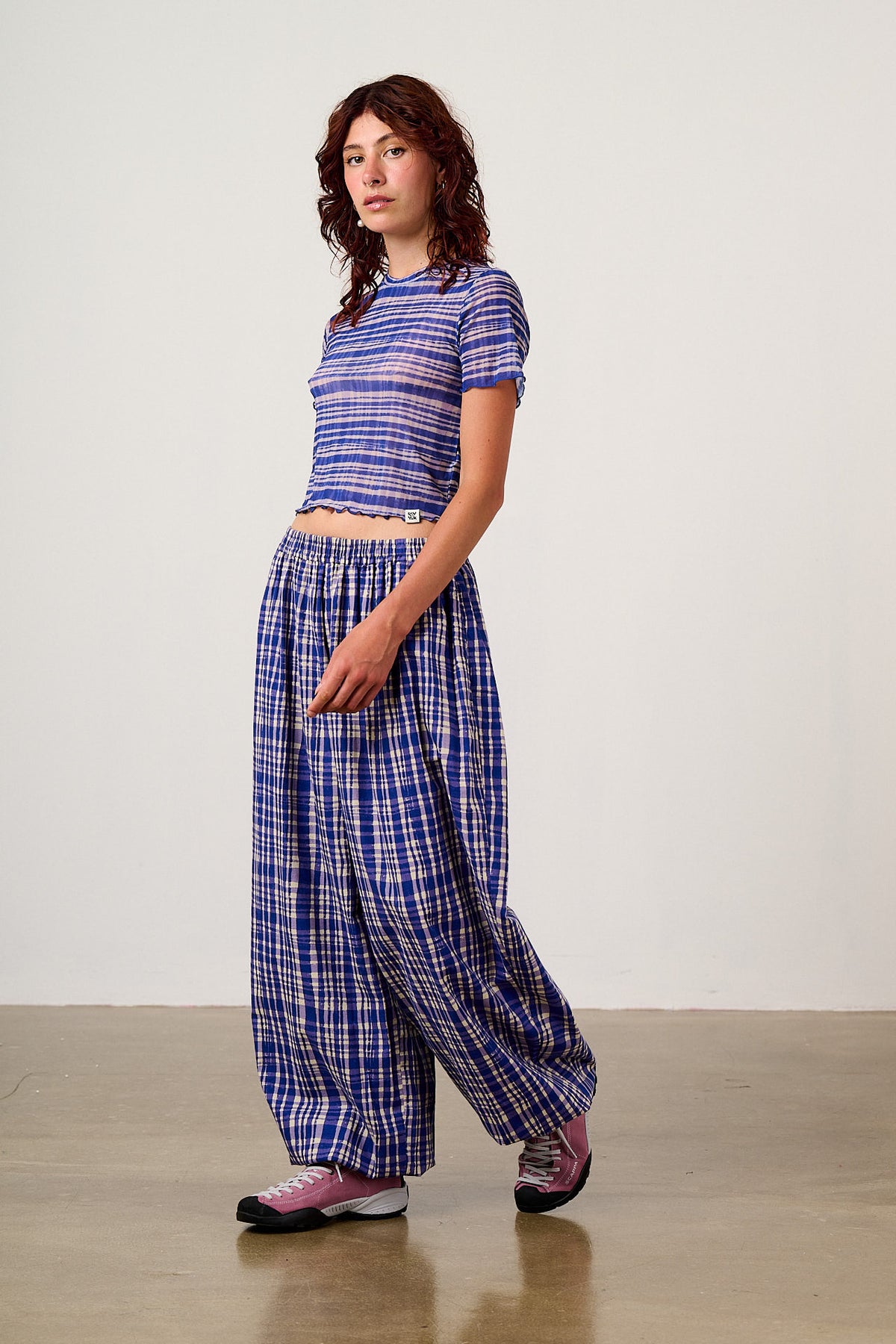 Renata - Balloon Leg Trousers Organic Cotton in Blue Crayon Print