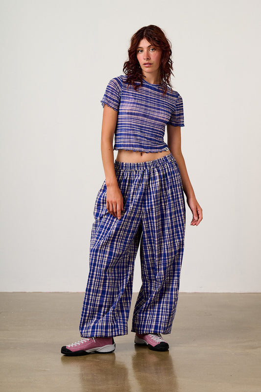 Renata - Balloon Leg Trousers Organic Cotton in Blue Crayon Print