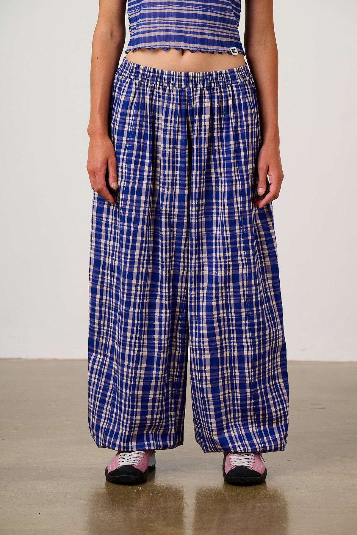 Renata - Balloon Leg Trousers Organic Cotton in Blue Crayon Print