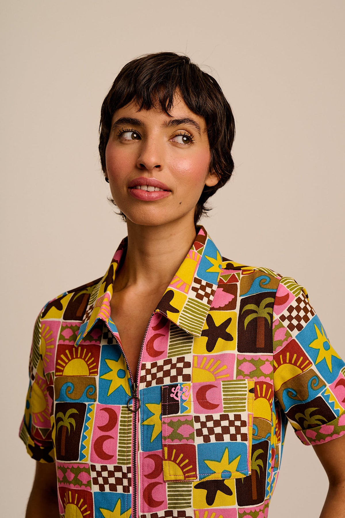 Riley - Cotton Playsuit in Multi Coastal Tile